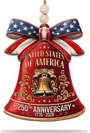 250th Anniversary United States of America Ornament (1776–2026) – Patriotic Wooden Christmas Decoration, Independence Day Keepsake, USA Liberty Bell Hanging Ornament