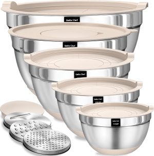 Umite Chef Mixing Bowls with Airtight Lids Set, 8PCS Stainless Steel Nesting Bowls with Grater Attachments, Non-Slip Bottoms, 5, 4, 3.5, 2, 1.5QT for Mixing & Serving