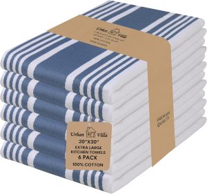 Urban Villa Kitchen Towels Cotton Dish Towels 20”x30” (Set of 6) Blue White