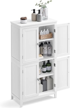 VASAGLE Floor Storage Cabinet, Freestanding Unit, 4 Doors | Adjustable Shelves, 11.8 x 23.6 x 43.3 Inches, for Entryway, Bathroom, White, UBBC552P31