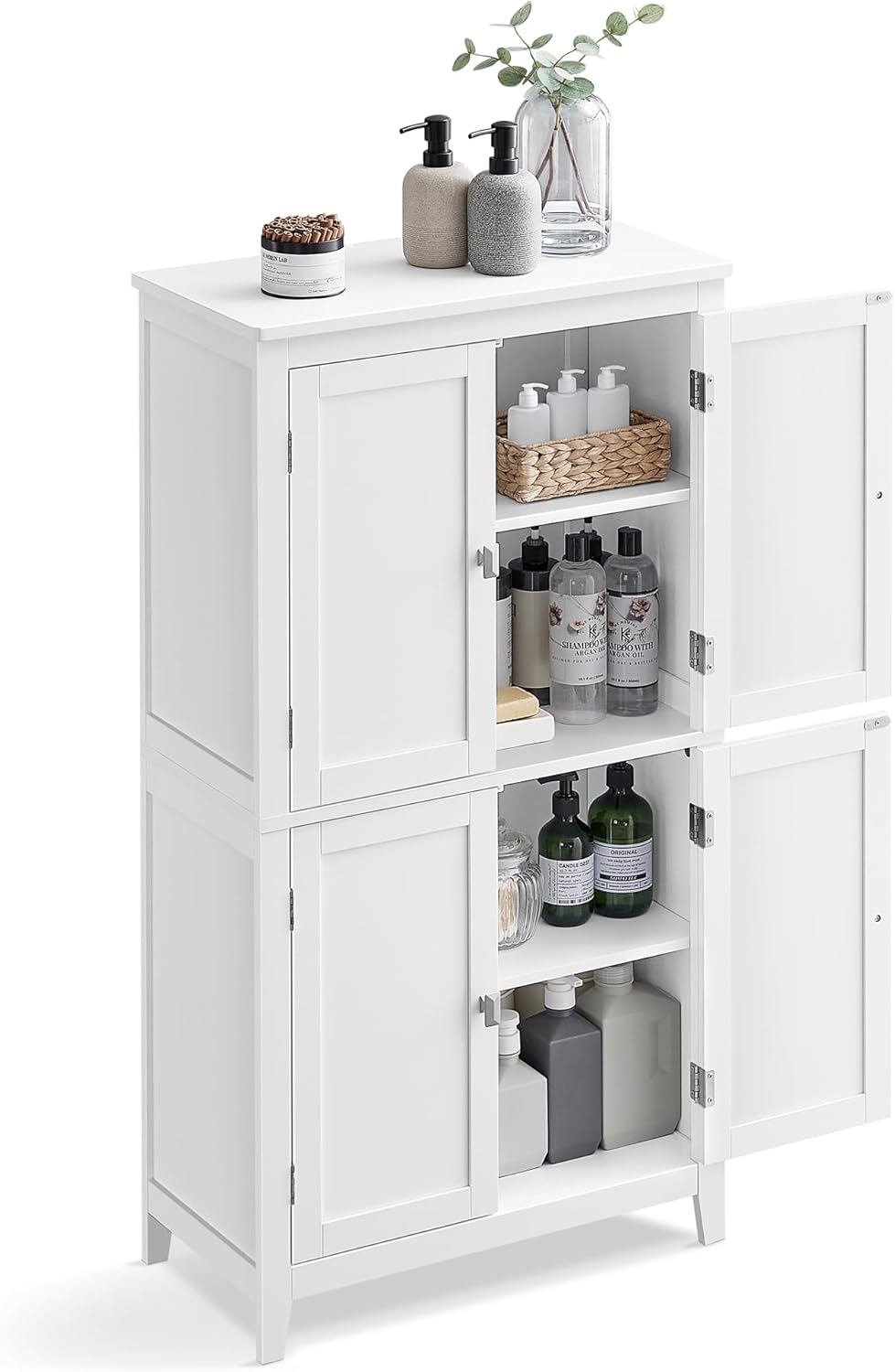 VASAGLE Floor Storage Cabinet, Freestanding Unit, 4 Doors | Adjustable Shelves, 11.8 x 23.6 x 43.3 Inches, for Entryway, Bathroom, White, UBBC552P31