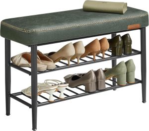 VASAGLE EKHO Collection - Shoe Rack Bench, Storage Bench for Entryway, Synthetic Leather with Stitching, Mid-Century Modern, Loads 300 lb, 11.8 x 31.5 x 19.7 Inches, Forest Green ULSB054C01