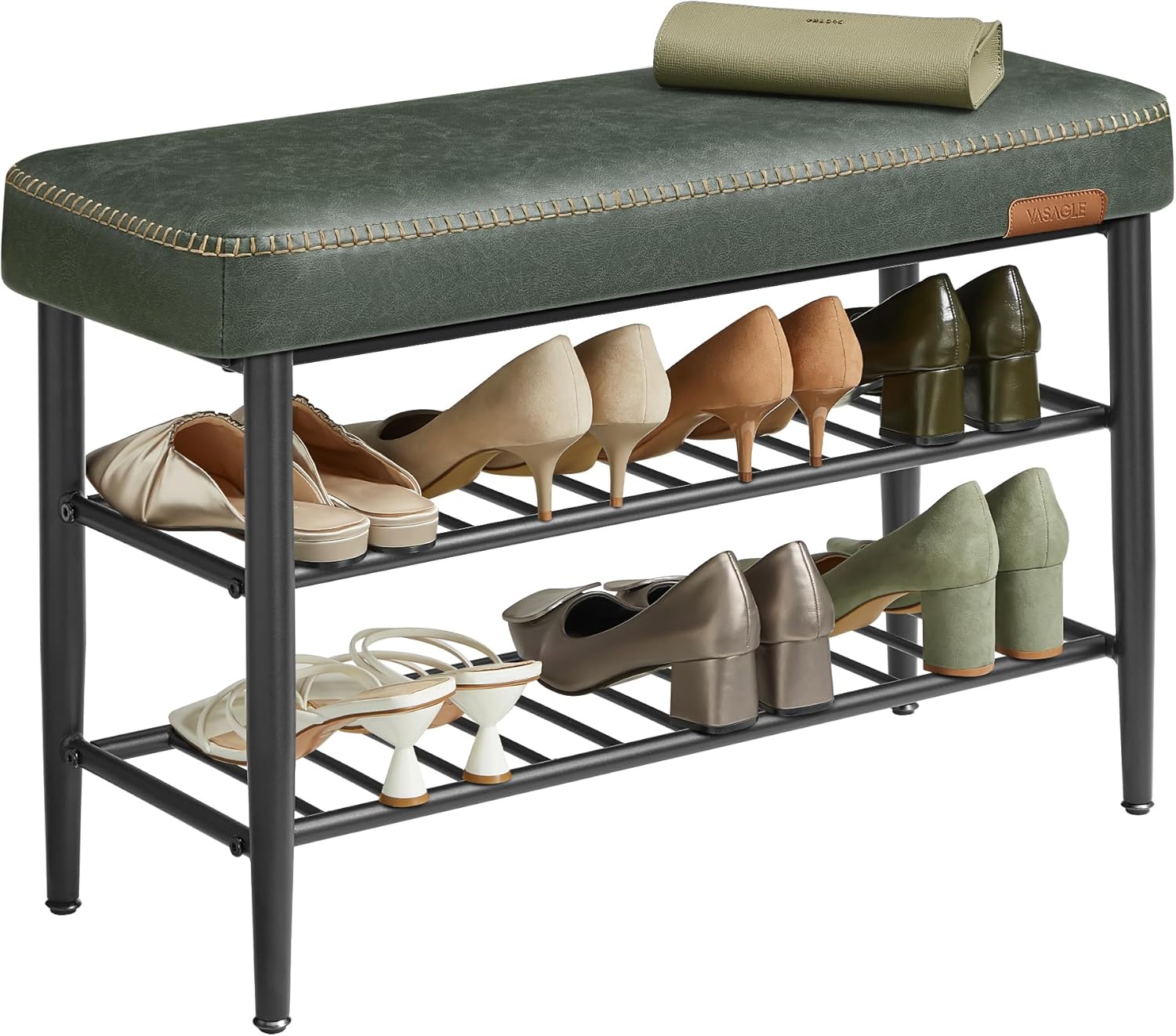 VASAGLE EKHO Collection - Shoe Rack Bench, Storage Bench for Entryway, Synthetic Leather with Stitching, Mid-Century Modern, Loads 300 lb, 11.8 x 31.5 x 19.7 Inches, Forest Green ULSB054C01