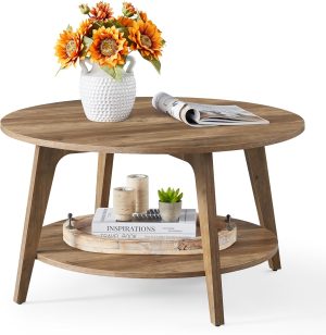 VASAGLE MAEZO Collection - Round Coffee Table, 2-Tier Center Table with Storage, Tapered Legs, Curved Transitions, 31.5 Dia. x 17.7 H Inches, Easy Assembly, for Living Room, Honey Brown ULCT243K41