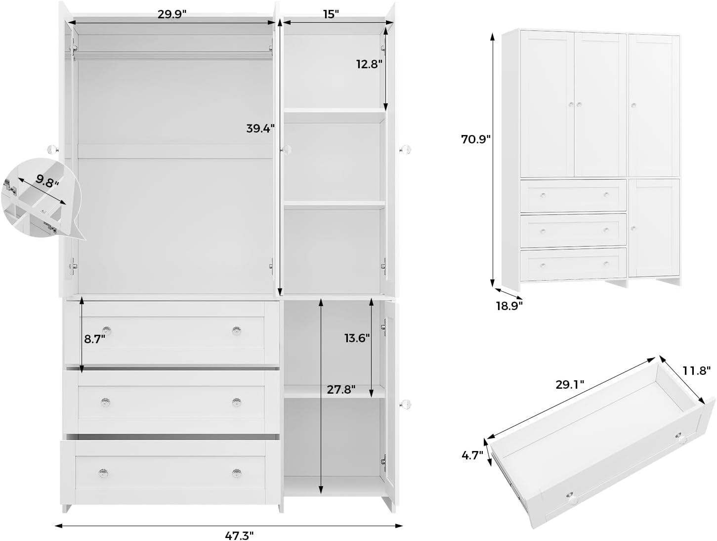 VOWNER 71" Large Wardrobe Review: 4 Doors, Mirror, 3 Drawers, Hanging Rod. - Image 2