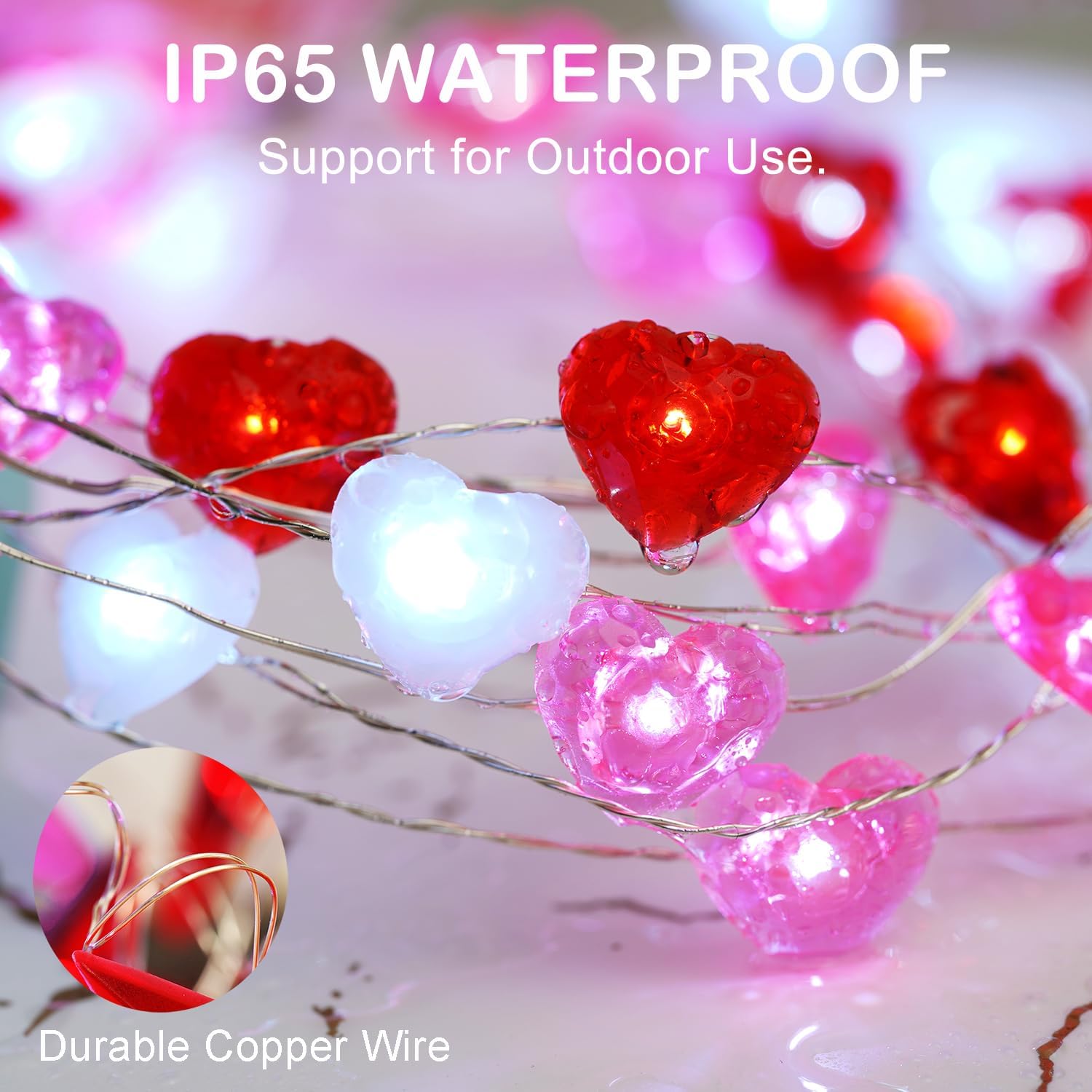 Valentine Heart String Lights, R/W/P, 10ft 40 LED, Battery, Remote Timer Decor. - Image 2