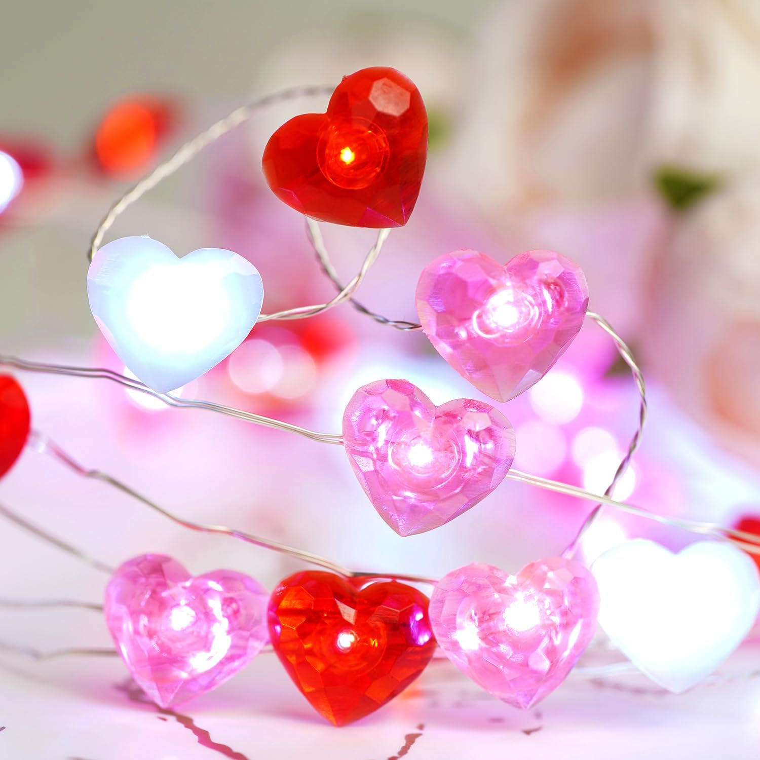 Valentines Day Heart String Lights, Red White Pink, 10 ft 40 LEDs | Battery Operated Garland Valentines Day Lights with Remote Timer Valentine's Day Decorations for the Home Mother's Day Decor