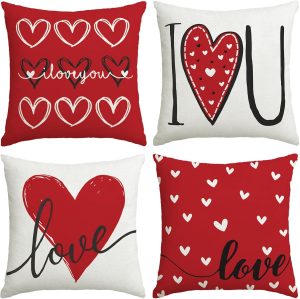 Valentines Day Decorations-Valentine Pillow Covers 18x18 Set of 4, Red Hearts I Love You Happy Valentine's Day Throw Outdoor Pillow Covers Anniversary Wedding Cushion Case for Home Sofa Couch Decor