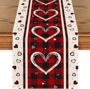 Artoid Mode Buffalo Plaid Love Hearts Valentine's Day Table Runner, Seasonal Kitchen Dining Table Decoration for Indoor Home Party 13x72 Inch