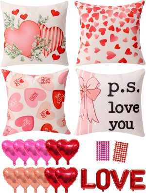 multiwins Valentine Decorations Set of 4 Double-Sided Valentine's Day Throw Pillow Covers 18" x 18", Reversible 8 Designs, with 16 pcs Heart & Love Balloons, Stickers, Complete Valentines Decor Kit