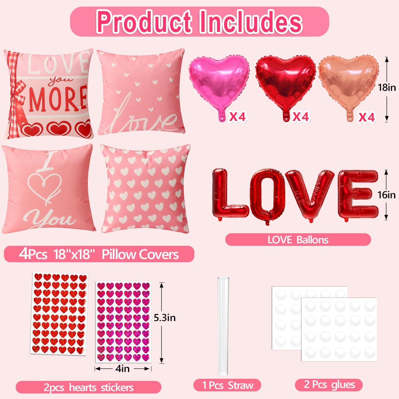 Valentine's Day Decor Kit: 4 Reversible 18" Pillow Covers, Balloons & Stickers. - Image 2