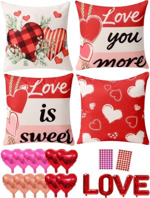 multiwins Valentine Decorations Set of 4 Double-Sided Valentine's Day Throw Pillow Covers 18" x 18", Reversible 8 Designs, with 16 pcs Heart & Love Balloons, Stickers, Complete Valentines Decor Kit
