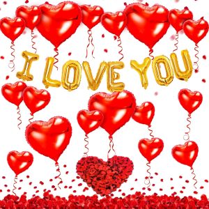 kortes I Love You Balloons and Heart Balloons Kit with Rose Petals, Valentines Day Decorations for Party