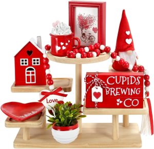 Valentine's Day Decorations for Home Office 8 PCS Tiered Tray Decor Set | Cute Tabletop Valentine Décor for Shelf Mantel Coffee Bar Romantic Table Centerpieces Tray Objects Decoration Set