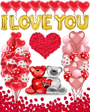 Lutoys Valentines Balloon Kit Decor with I Love You Balloons, Heart Balloons with 1000 Pcs Silk Red Rose Petals for Valentines Day Galentines Party Decorations Proposal Wedding Anniversary Decor