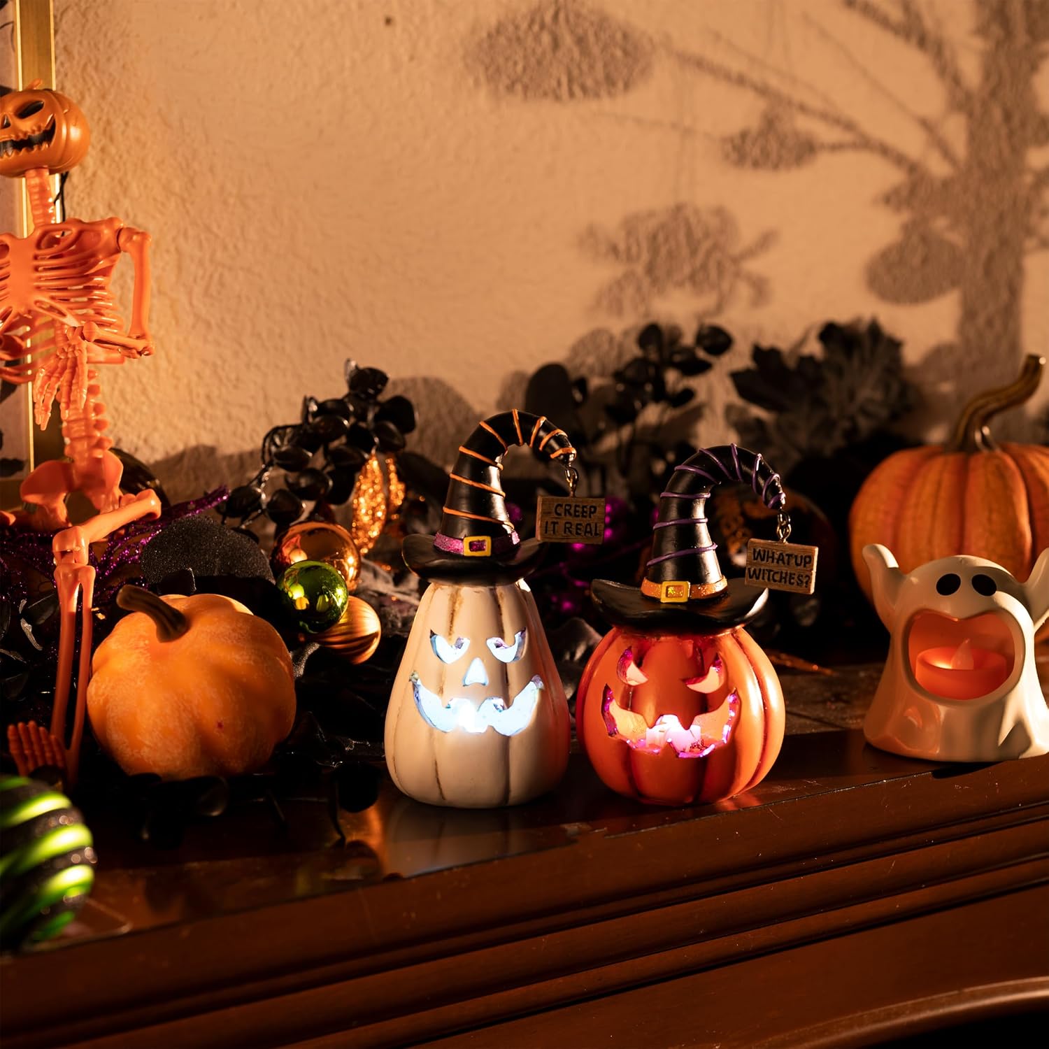 Valery Madelyn 2x 5.7" Light-Up White/Orange Resin Halloween Pumpkins w/ Hats Review - Image 2