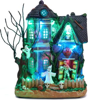 Valery Madelyn Halloween Decorations, Lighted Halloween Village Houses with Music and LED Lights, Resin Spooky Town Mummy's Haunted House for Home and Party Table Desk Mantel, 8 Inch