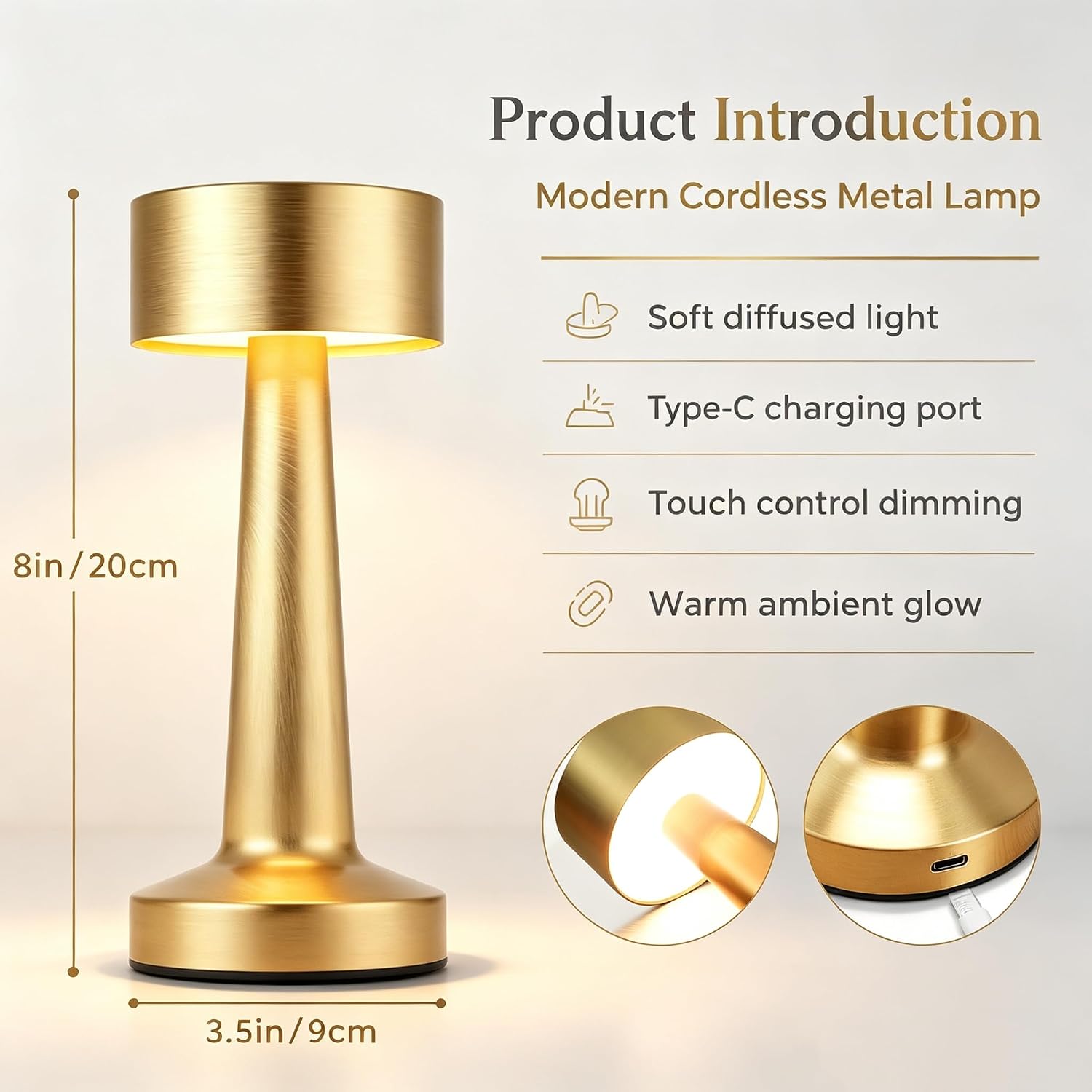 Versatile Golden LED Lamp: Portable, Rechargeable, 3 Brightness/3 Color Touch Control - Image 2