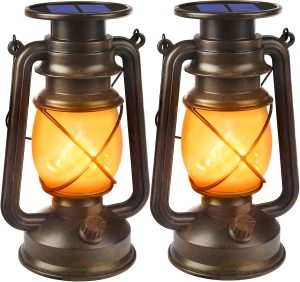 Solar Lanterns Outdoor Waterproof, 2 Pack Bronze Flickering Flame Lights | Vintage LED Hanging Lantern, Outdoor Decorative Lights for Patio, Porch, Garden, Yard, Pathway, Camping