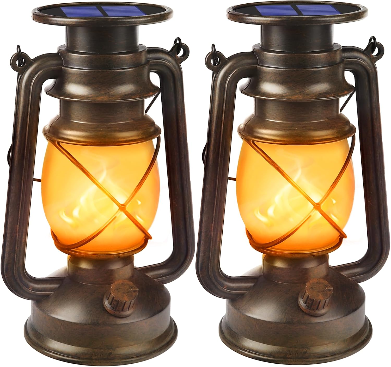 Solar Lanterns Outdoor Waterproof, 2 Pack Bronze Flickering Flame Lights | Vintage LED Hanging Lantern, Outdoor Decorative Lights for Patio, Porch, Garden, Yard, Pathway, Camping