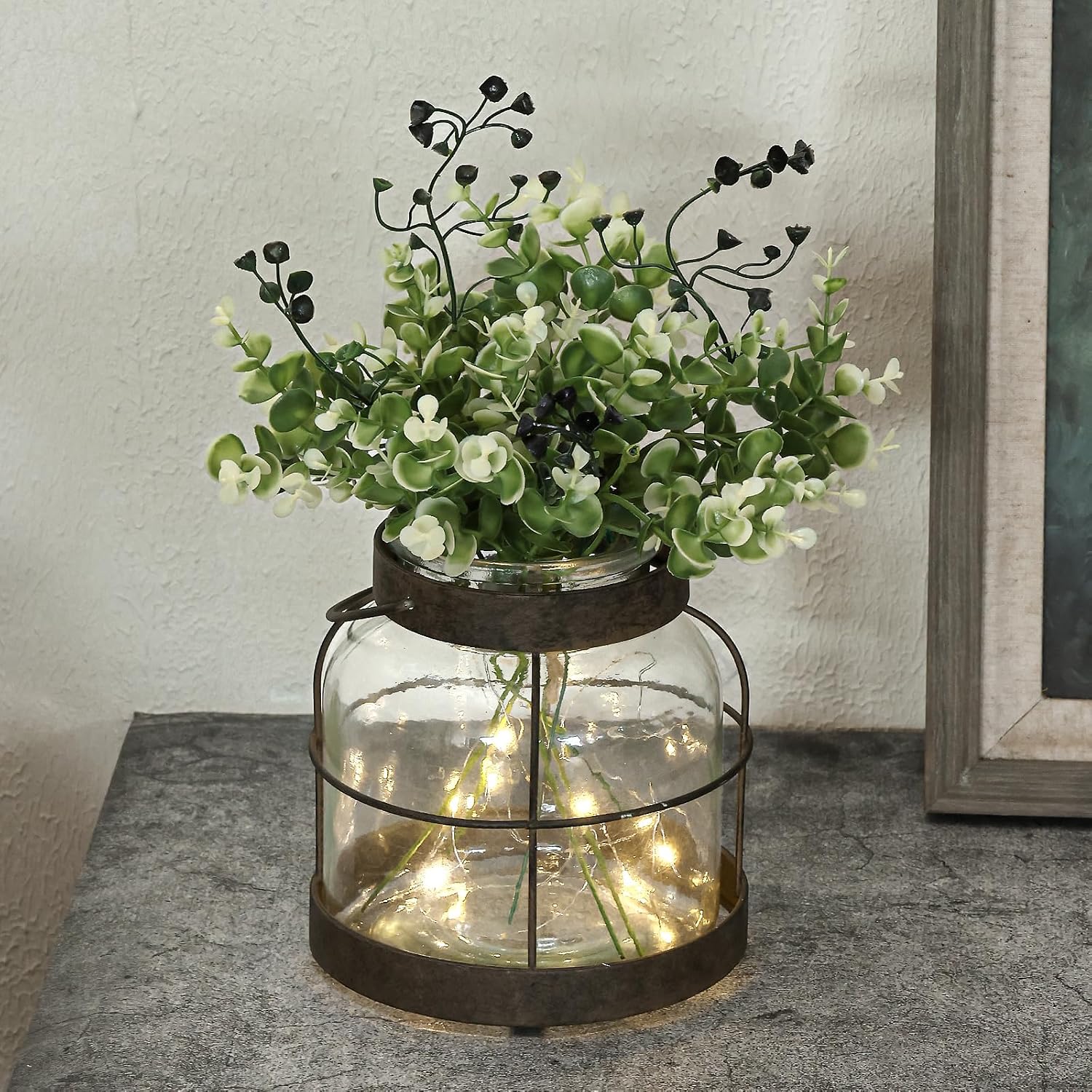 Vintage Glass Farmhouse Vase, Rustic Lantern Decor with Plants Flowers Lights Vintage Style Vases for Home Decor Floral Arrangement Hostess Gift