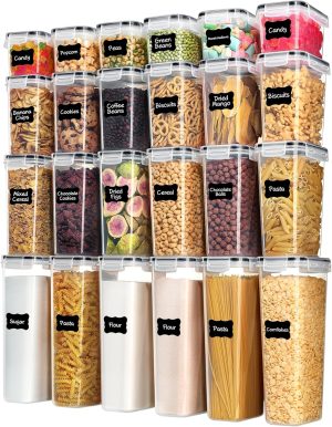 Airtight Food Storage Containers with Lids, Vtopmart 24 pcs Plastic Kitchen and Pantry Organization Canisters for Cereal, Dry Food, Flour and Sugar, BPA Free, Includes 24 Labels,Black | For Cereal Pasta Snack Flour Sugar, BPA Free, Airtight Seal, Multiple Sizes, Dishwasher Safe (Not Lids), Includes 24 Labels