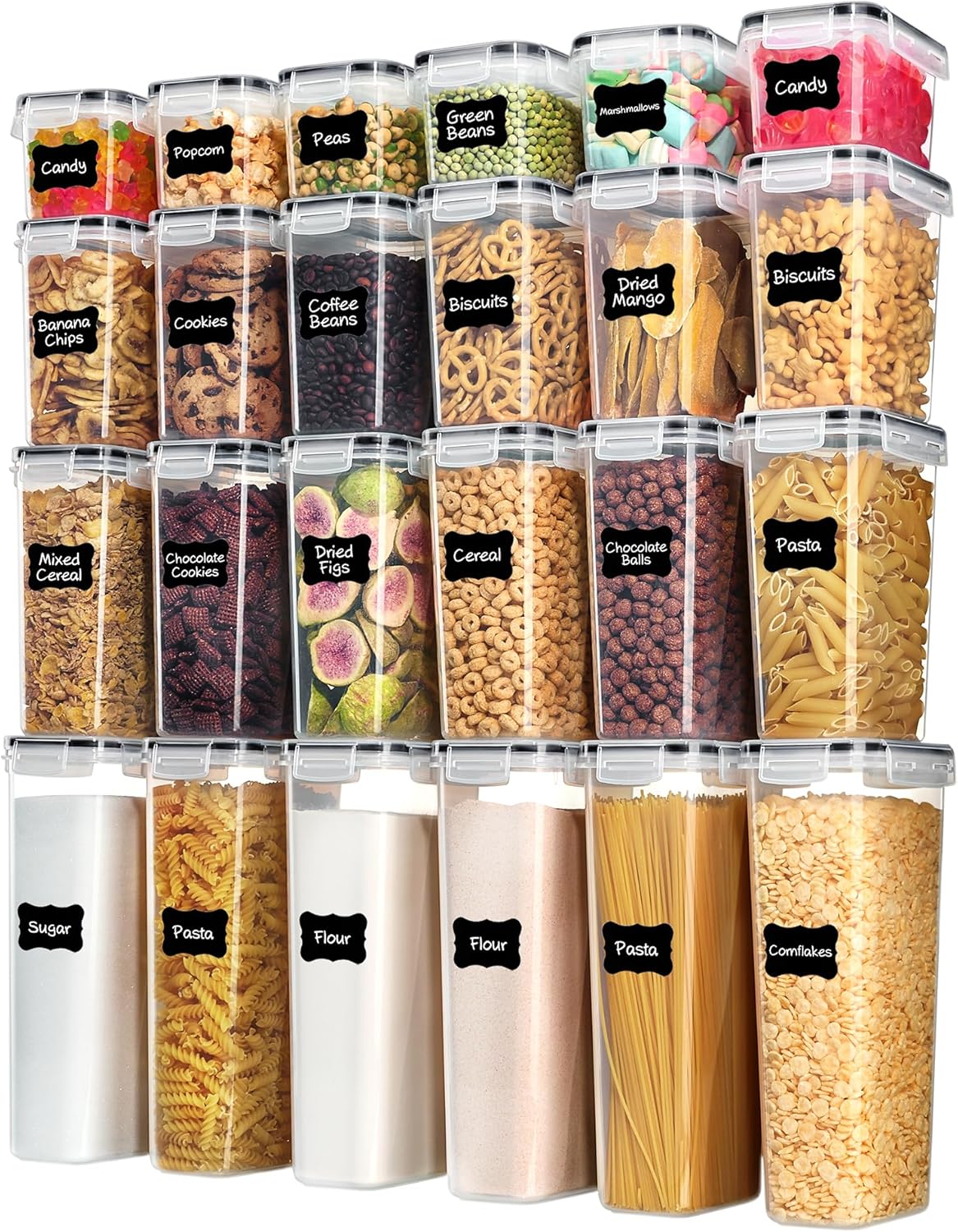 Airtight Food Storage Containers with Lids, Vtopmart 24 pcs Plastic Kitchen and Pantry Organization Canisters for Cereal, Dry Food, Flour and Sugar, BPA Free, Includes 24 Labels,Black | For Cereal Pasta Snack Flour Sugar, BPA Free, Airtight Seal, Multiple Sizes, Dishwasher Safe (Not Lids), Includes 24 Labels
