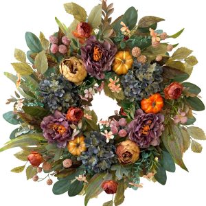 WANNA-CUL 24in Fall Front Door Wreath,Hydrangea Peony Pumpkin Harvest Decor | Twig-base Autumn wreath, Thanksgiving Farmhouse decor with storage box for reuse, indoor outdoor seasonal gift