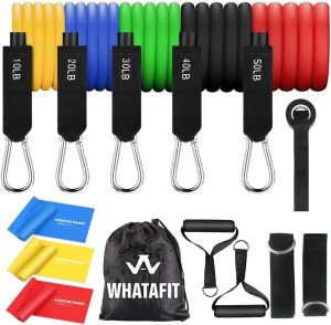 WHATAFIT Resistance Bands with Handles, 5-Level Exercise Bands for Workout | Natural latex,10-50 lbs, stackable to 150,Ankle Straps, Door Anchor,Guide. For Strength, Yoga,Home Gym,Travel & Workout.