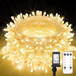 String Lights Indoor Plug in 100 LED Christmas Lights Warm White | 33ft Outdoor Lights with Remote Timer 8 Modes Fairy Classroom Lights for Bedroom Dorm Xmas Tree Wedding Waterproof