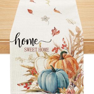 Siilues 220 GSM Fall Table Runner 13x72 Inch Home Party Decor | Watercolor Pumpkins Leaves Sweet Home Seasonal Autumn Thanksgiving Holiday Farmhouse Vintage Kitchen Dining Table Decorations