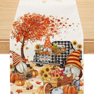 Fall Table Runner, Watercolour Gnome Harvest Truck Pumpkins Runner Seasonal Autumn Thanksgiving Holiday Decor for Indoor Outdoor Dining Table Decorations 13x36 Inch