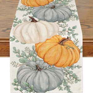 Siilues 220 GSM Fall Table Runner 13x72 Inch Home Party Decor | Watercolor Pumpkins Eucalyptus Seasonal Autumn Thanksgiving Holiday Farmhouse Vintage Kitchen Dining Table Decorations