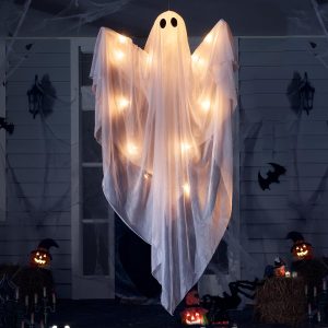 JOYIN Halloween Hanging Light up Ghost, 47” White Ghosts with Warm White LED Light and Timer Halloween Hanging Decoration Waterproof for Front Yard Patio Lawn Garden Party Decor Indoor Outdoor