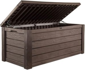 Keter Westwood 150 Gal Outdoor Storage Box for Patio and Pool Accessories | Brown, Resin, Large, Weatherproof, Lockable, Hydraulic Pistons, Easy Assembly, Organization, Patio Cushions Storage