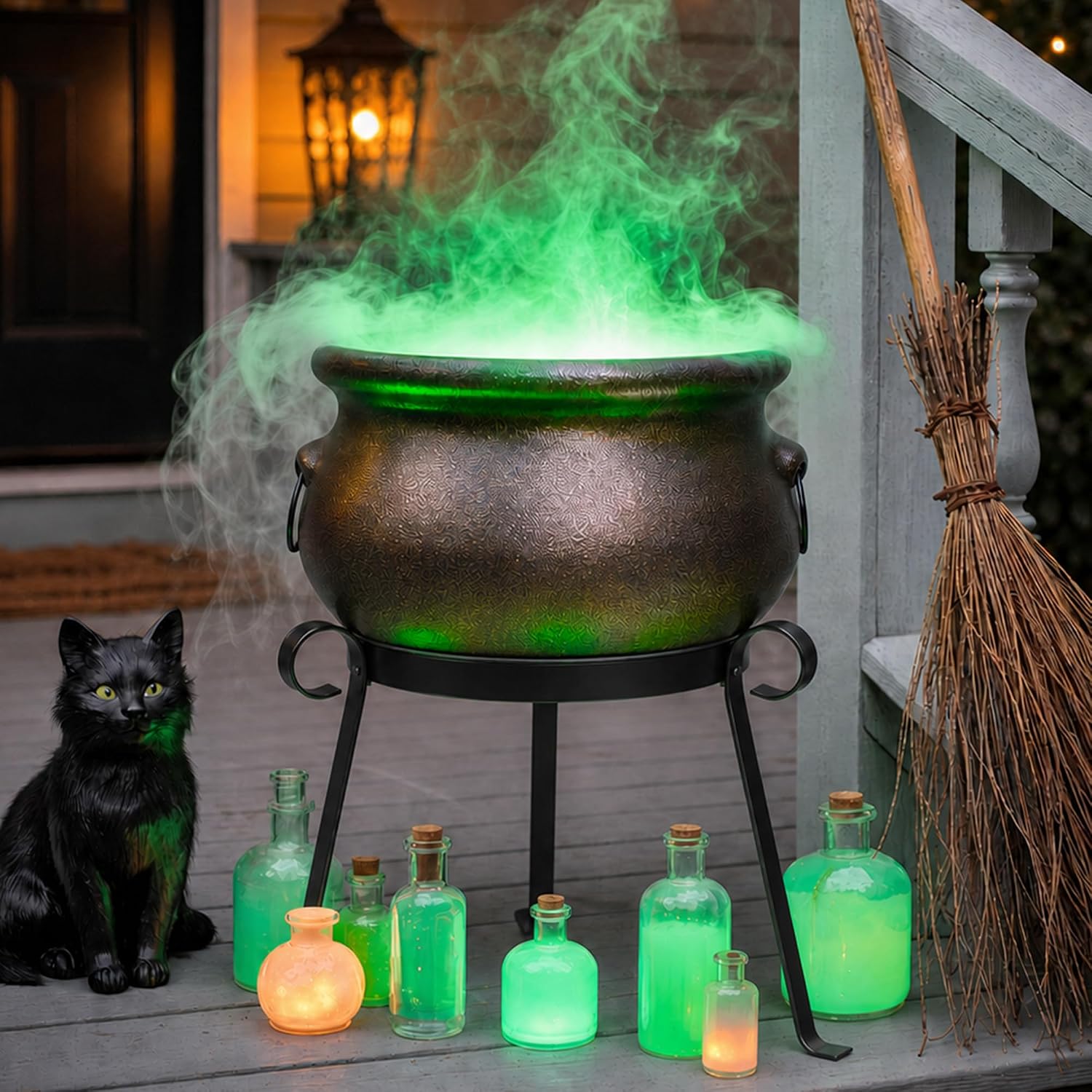 Large Witch Cauldron on Stand Halloween Decorations for Outdoor/Fireplace | Bronze Plastic Pot on 11" Metal Stand & Green Light, Spooky Balcony Decor, Indoor Car Truck, Outside Yard Porch Weatherproof