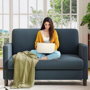 Welzona Loveseat, 51" Small Couch, Teddy Love Seat, Small Loveseat Sofa | Comfy Teddy Fabric, Tool-free Setup, Washable Covers, All-wood Small Sofa Couch for Living Room, Bedroom, Blue Grey