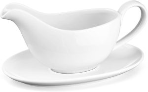 18 oz Ceramic Gravy Boat with Saucer, White Sauce Boat | Easy-Pour Spout, Drip-Catching Base, Microwave & Dishwasher Safe, for Turkey Beef Sauce, Salad Dressing, Creamer, Milk