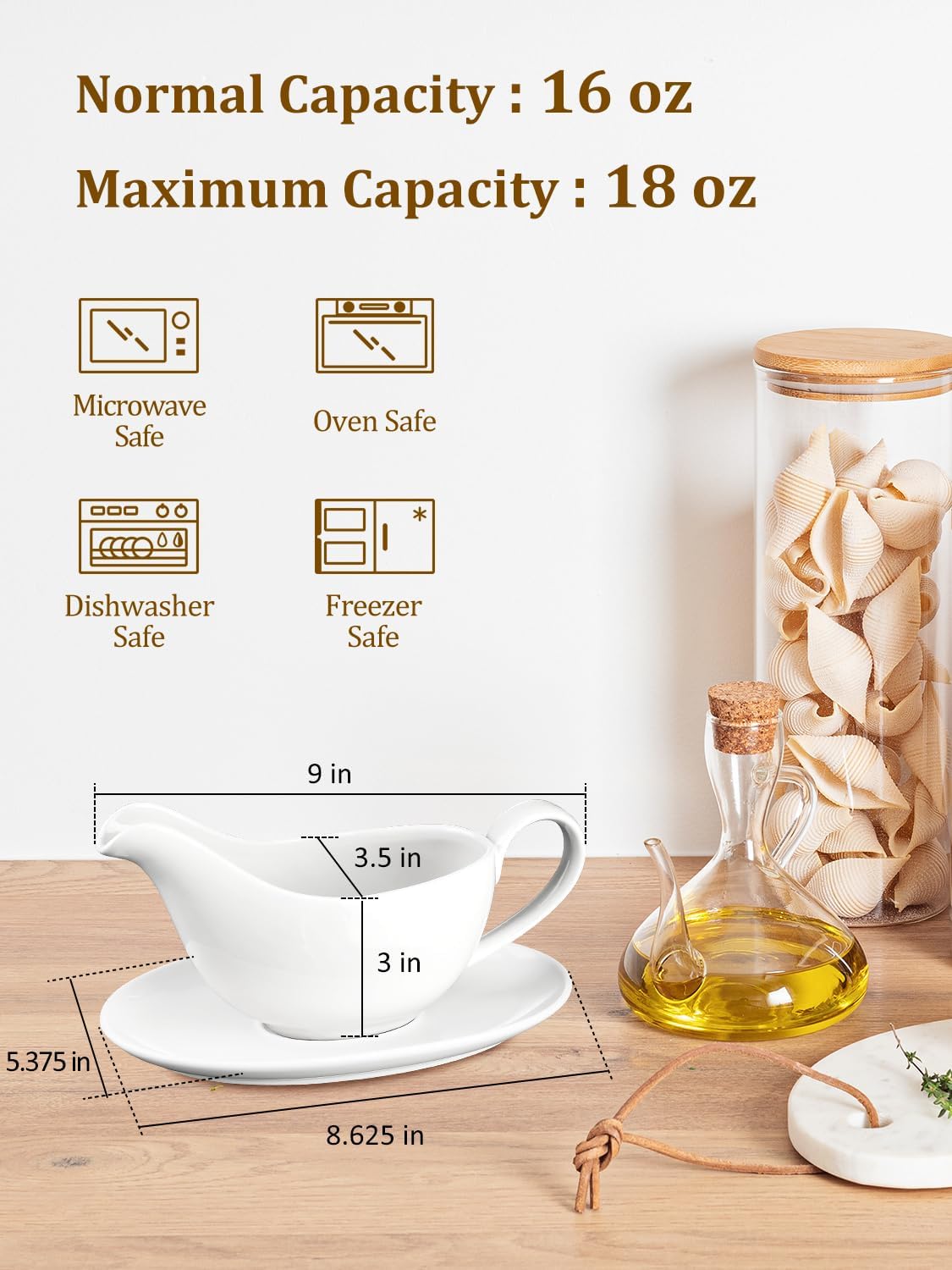 White Ceramic Sauce Boat (18oz) with Saucer: Easy Pour, No Drip, Microwave/Dishwasher Safe. - Image 2