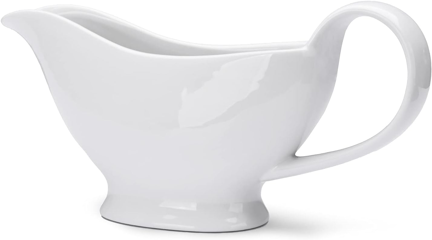 White Gravy Boat, 8.5 oz Ceramic Gravy Jug, Small Sauce Jug with Smooth Handle, Porcelain Sauce Boat for Salad Dressing, Broth, Cream, Milk