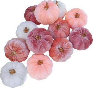 Winlyn 12 Pcs Small Rustic Faux Velvet Pumpkins Decorative Blush Coral Pink Peach Ivory Fabric Foam Pumpkins 3" for Fall Wedding Bbay Shower Thanksgiving Halloween Table Centerpiece Décor