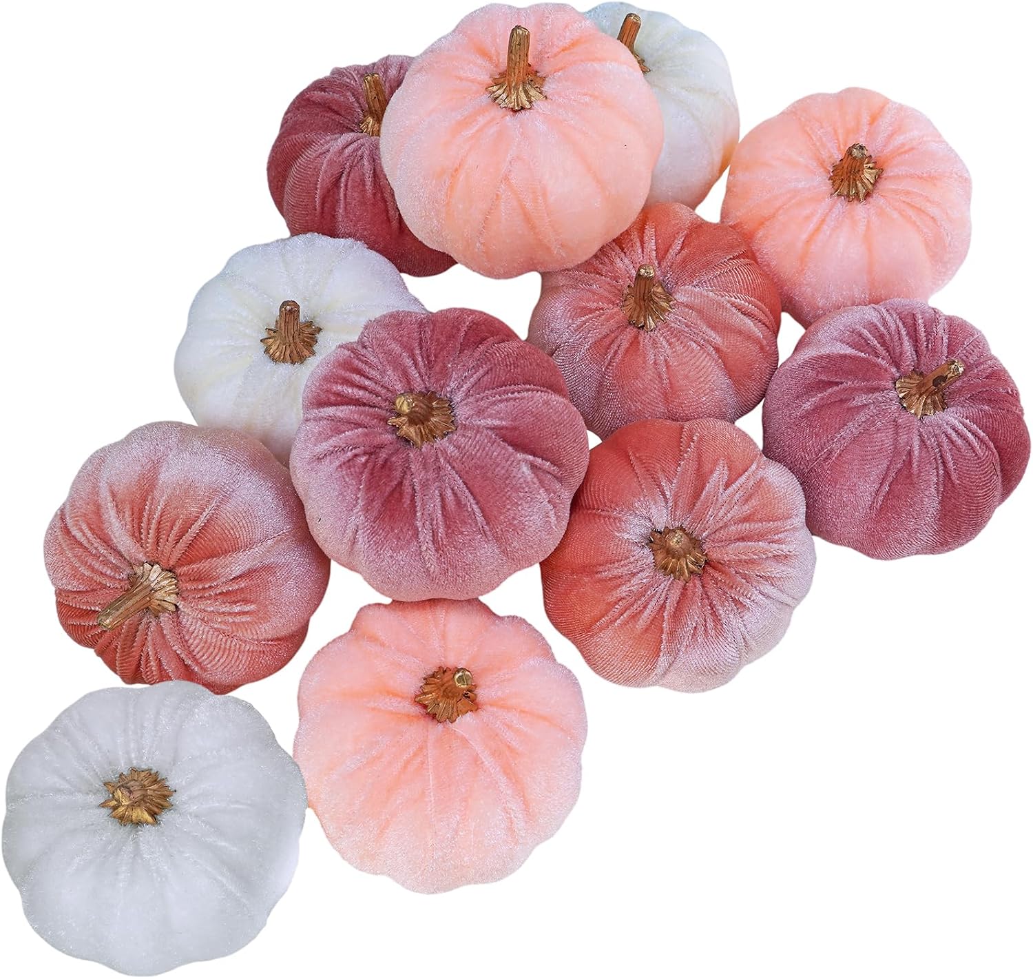 Winlyn 12 Pcs Small Rustic Faux Velvet Pumpkins Decorative Blush Coral Pink Peach Ivory Fabric Foam Pumpkins 3" for Fall Wedding Bbay Shower Thanksgiving Halloween Table Centerpiece Décor