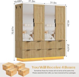 PAKASEPT Armoire Wardrobe Closet with 4 Doors, Pegboard and 2 Mirrors | Closet Wardrobe with Drawers, LED Lights, Wooden Armoire Storage Cabinet for Clothes