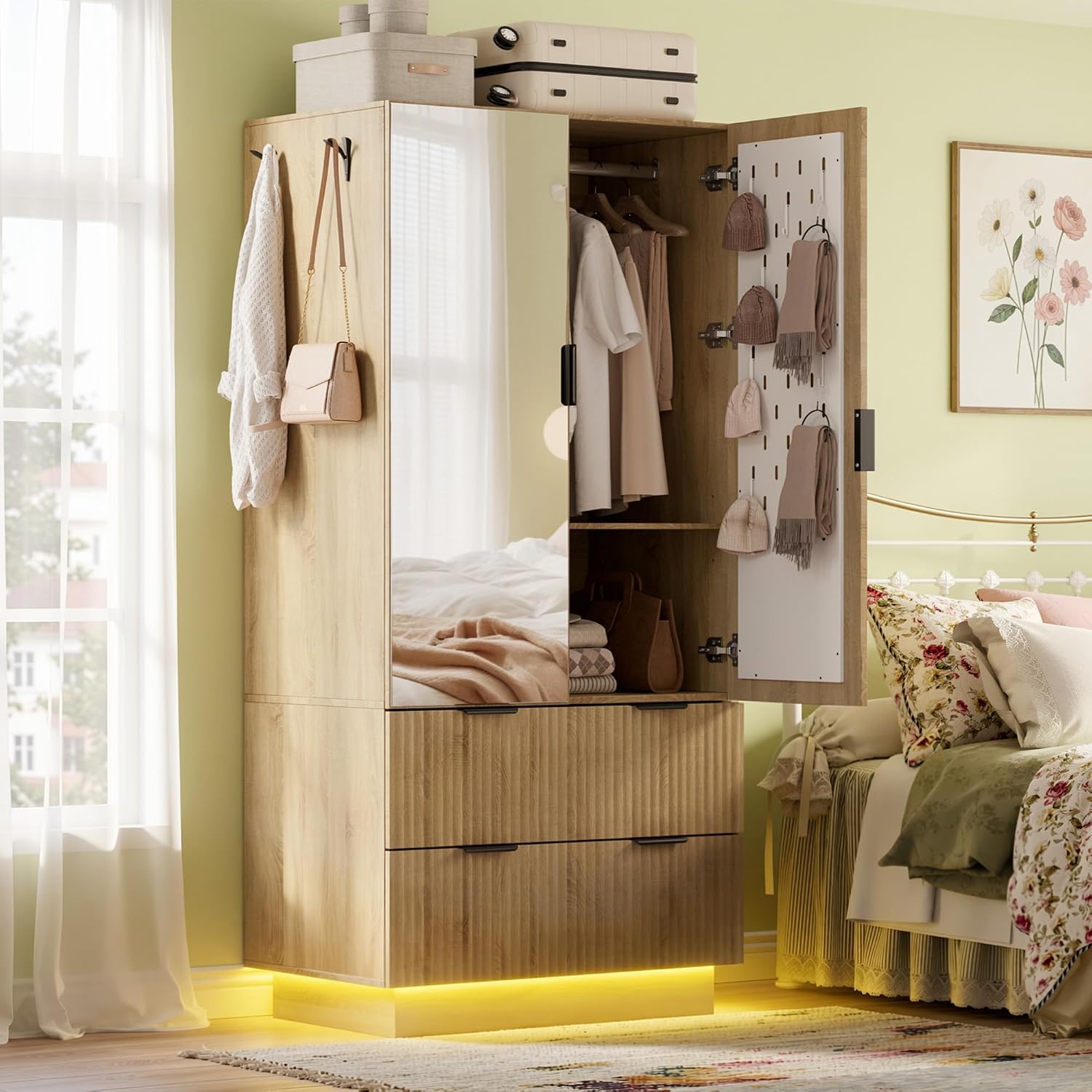 Wooden Armoire Wardrobe Review: 4 Doors, Pegboard, Mirrors, Drawers & LEDs - Image 2