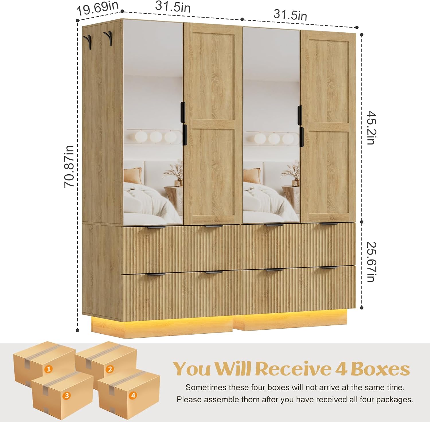 PAKASEPT Armoire Wardrobe Closet with 4 Doors, Pegboard and 2 Mirrors | Closet Wardrobe with Drawers, LED Lights, Wooden Armoire Storage Cabinet for Clothes