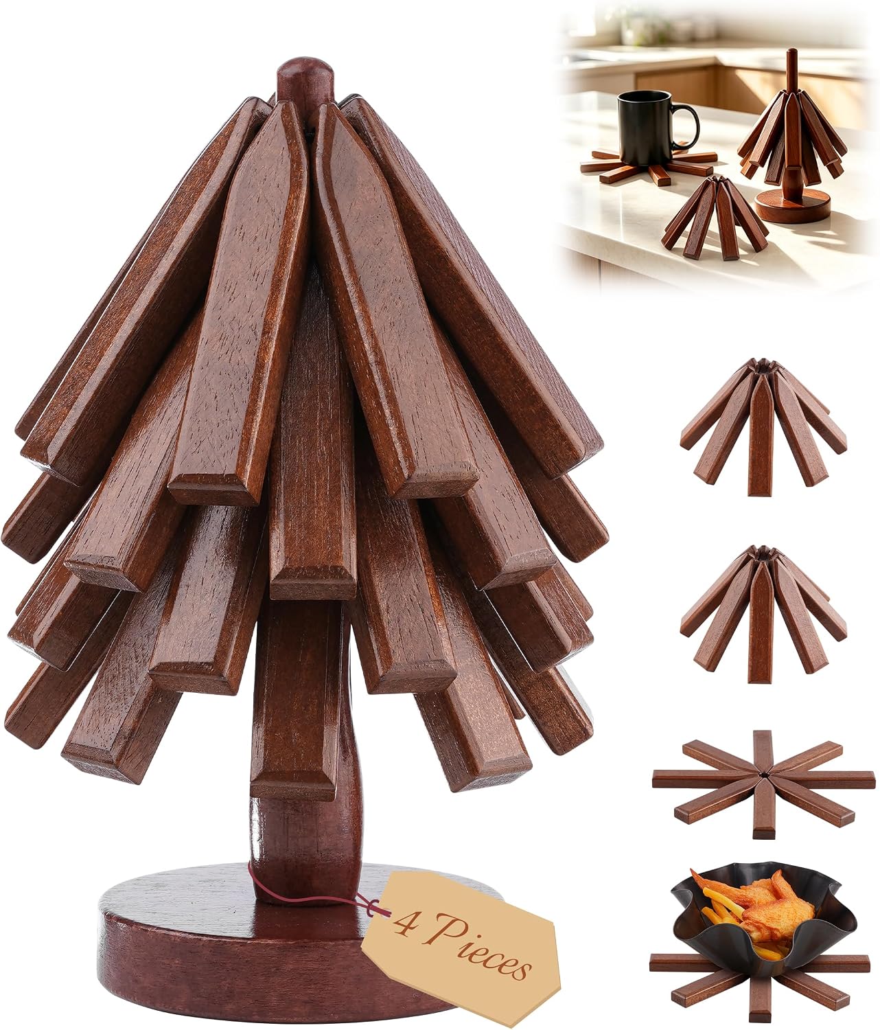 Wooden Trivets Tree for Hot Dishes, Wood Coaster for Hot Pots and Pans | Christmas Tree-Shaped Stackable Trivets with Organizer, Upgraded 8-Leaf Blossom Shape, Decorative Wooden Hot Pads, 1 Pack