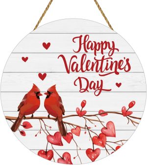 Valentines Day Decorations Happy Valentines Day Door Decorations Sign Cardinal Decor Red Birds Wreath Cardinal Wall Hanging Sign Wooden Front Door Hanger Wreath for Porch Wall Indoor Home Decor