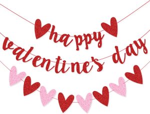 XIANMU Red Glittery Happy Valentine's Day Banner & Red Pink Glittery Heart Garland Banner - 10ft Long, No DIY, Reusable Paper Valentine Decorations