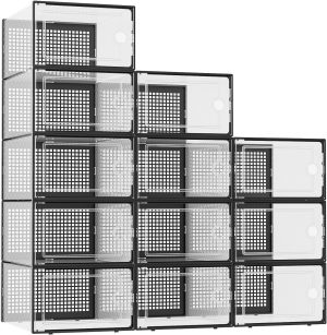 Kuject XX-Large Shoe Storage Boxes 12 Pack, Clear Stackable Shoe Organizer | Shoe Case for Closet, Entryway & Under-Bed Storage, Drop-Front Design, Space-Saving Solution for Family Organization,Black