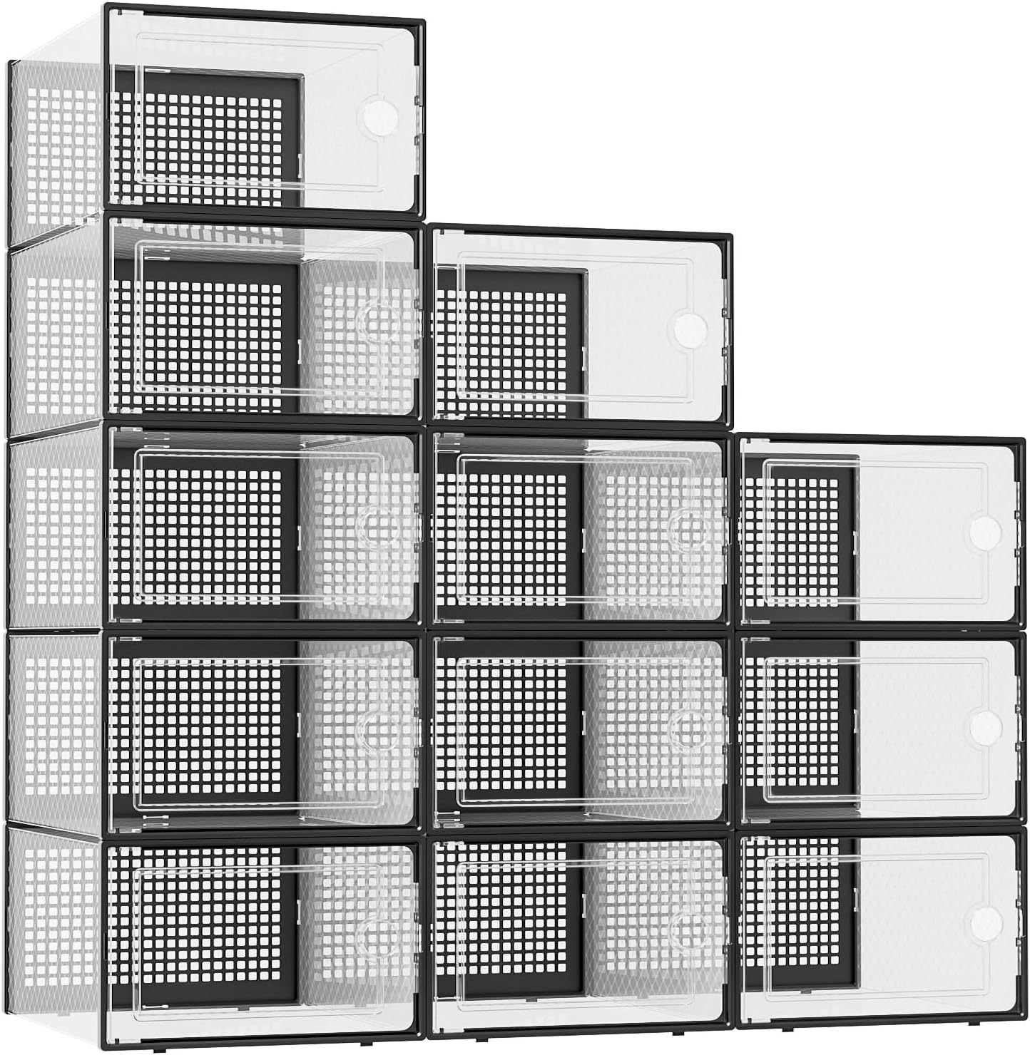 Kuject XX-Large Shoe Storage Boxes 12 Pack, Clear Stackable Shoe Organizer | Shoe Case for Closet, Entryway & Under-Bed Storage, Drop-Front Design, Space-Saving Solution for Family Organization,Black